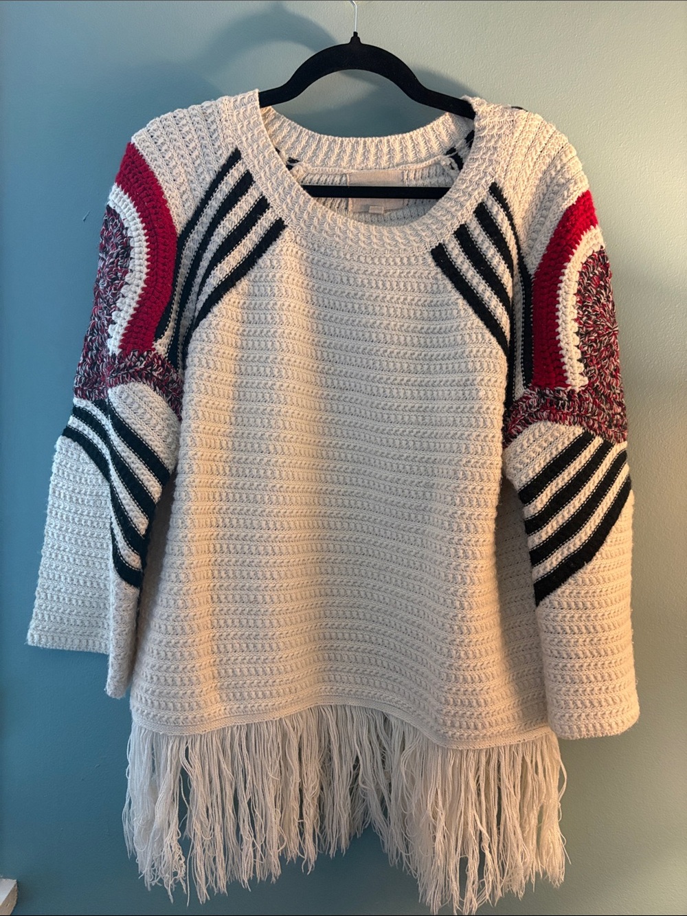 Moon River White Crochet Fringe Sweater with Red & Black Accents